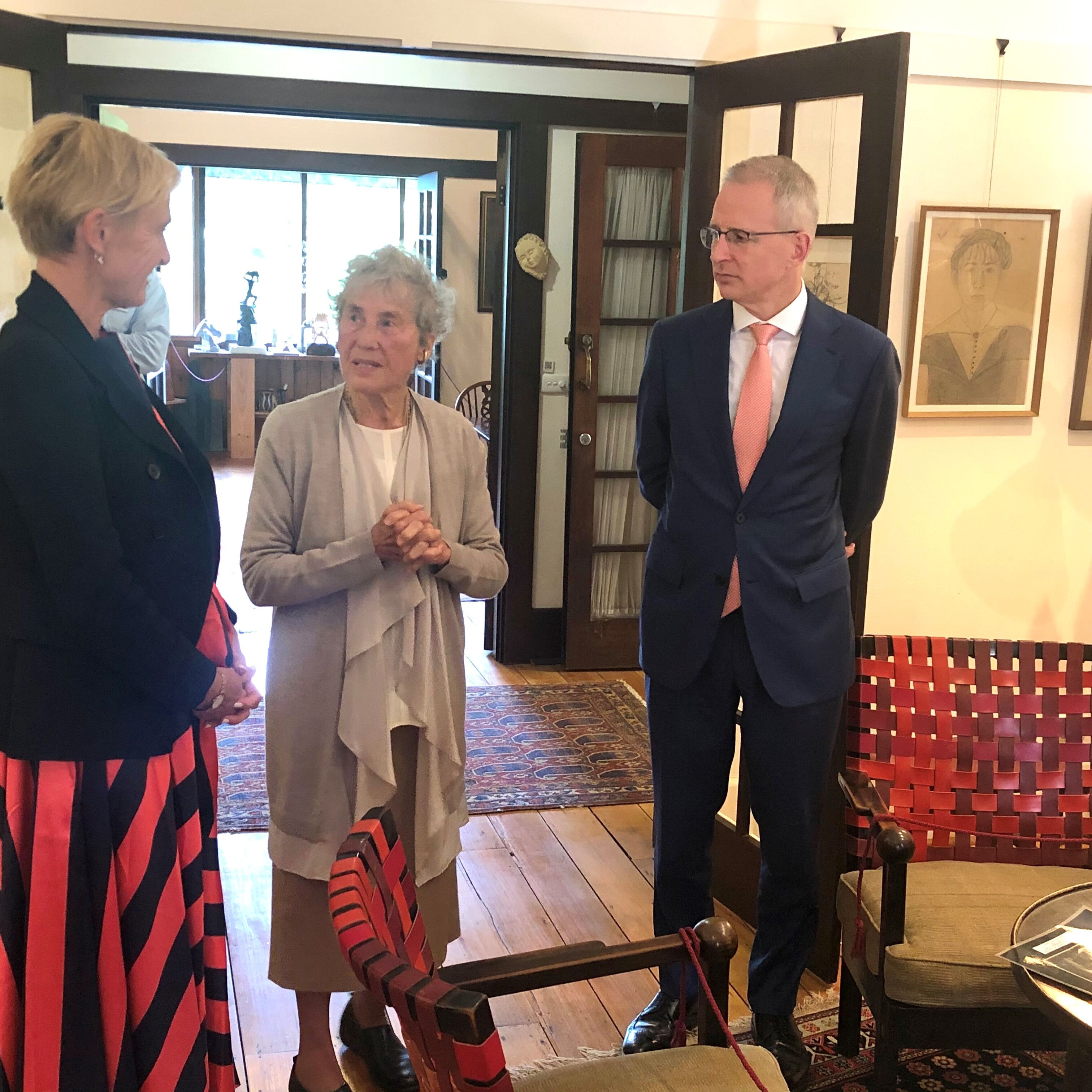 Katie Allen, Duldig Studio Founder, Eva de Jong-Duldig and The Hon. Mr Paul Fletcher MP with the two chairs in-situ at the Duldig Studio, March 2021. 