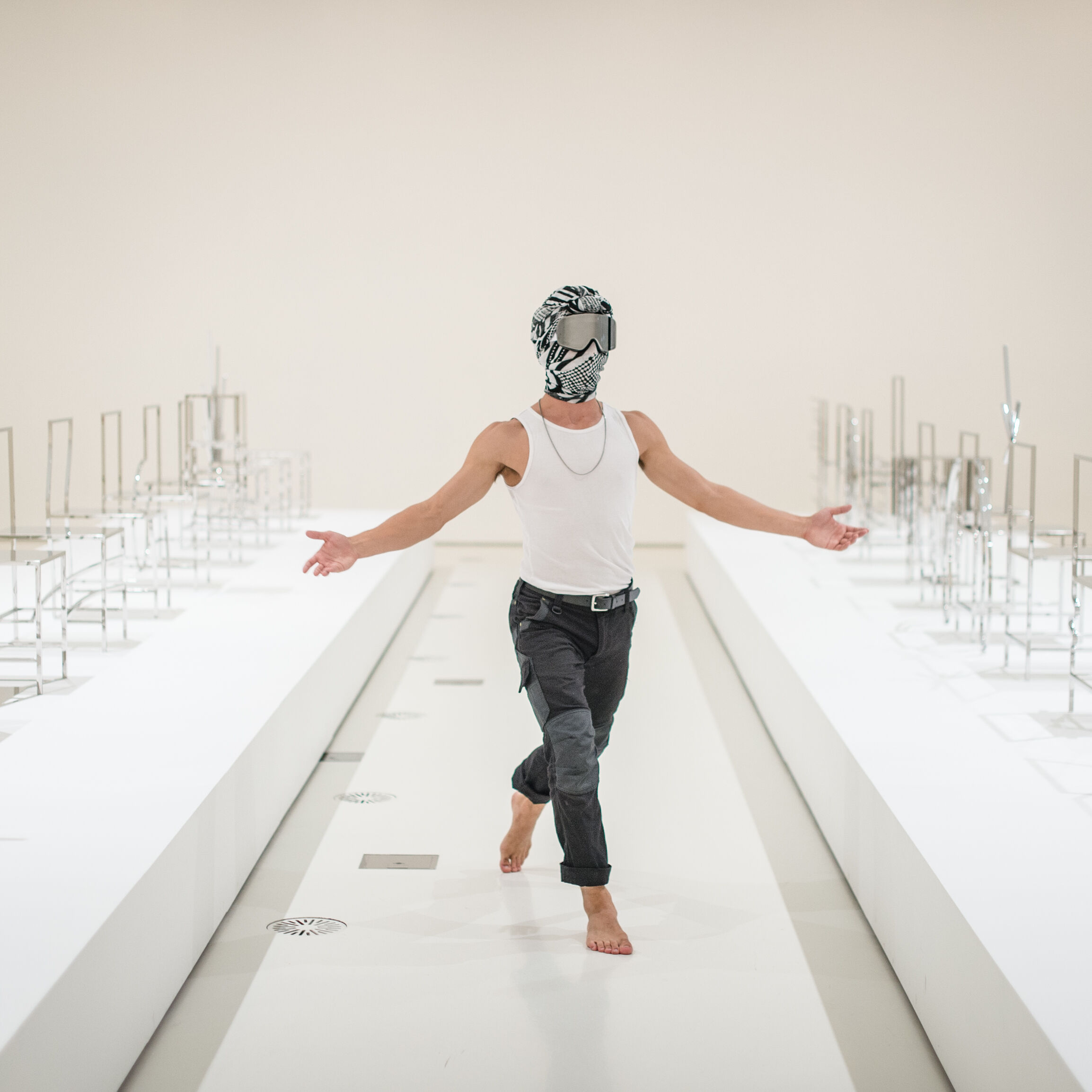 Chunky Move dancers performing inside Nendo’s Manga Chairs, 2015 who are performing at part of NGV Triennial EXTRA Photo: Eugene Hyland