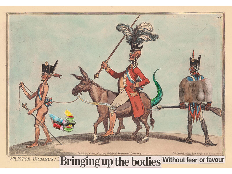 Brook Andrew, set of 8 satirical photolithographs, 2016. (Pictured: Brook Andrew, Bringing up the bodies Without fear or favour , 2016, four-colour photolithograph with collaged photolithograph elements and hand colour; edition of 30 + A/Ps, 49.0 × 70cm)