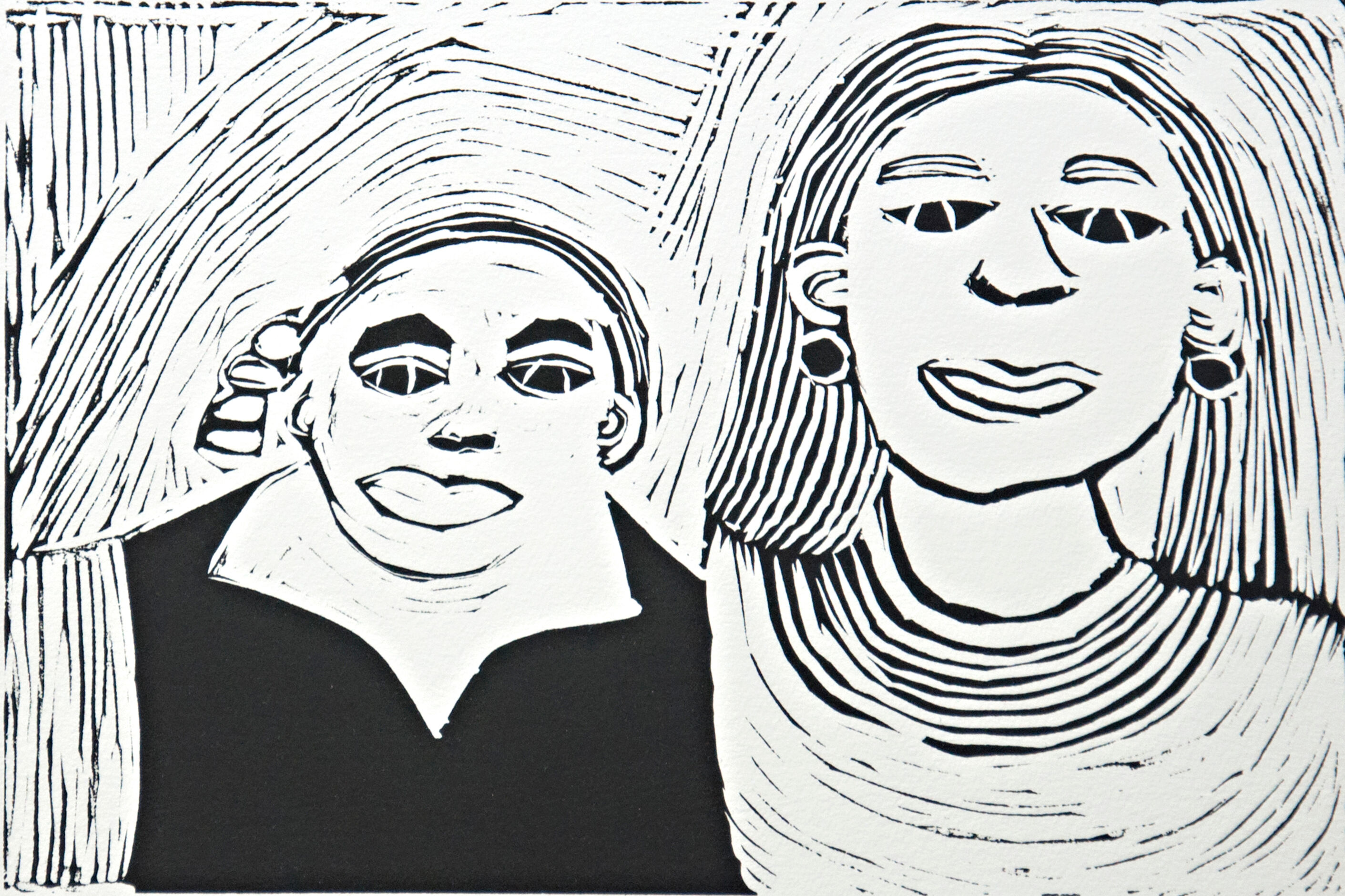 Fiona Taylor, Fiona and Nicole Livingstone, 2017, linocut, edition of 3, 20.5 x 30cm
Courtesy the artist and Arts Project Australia, Melbourne
