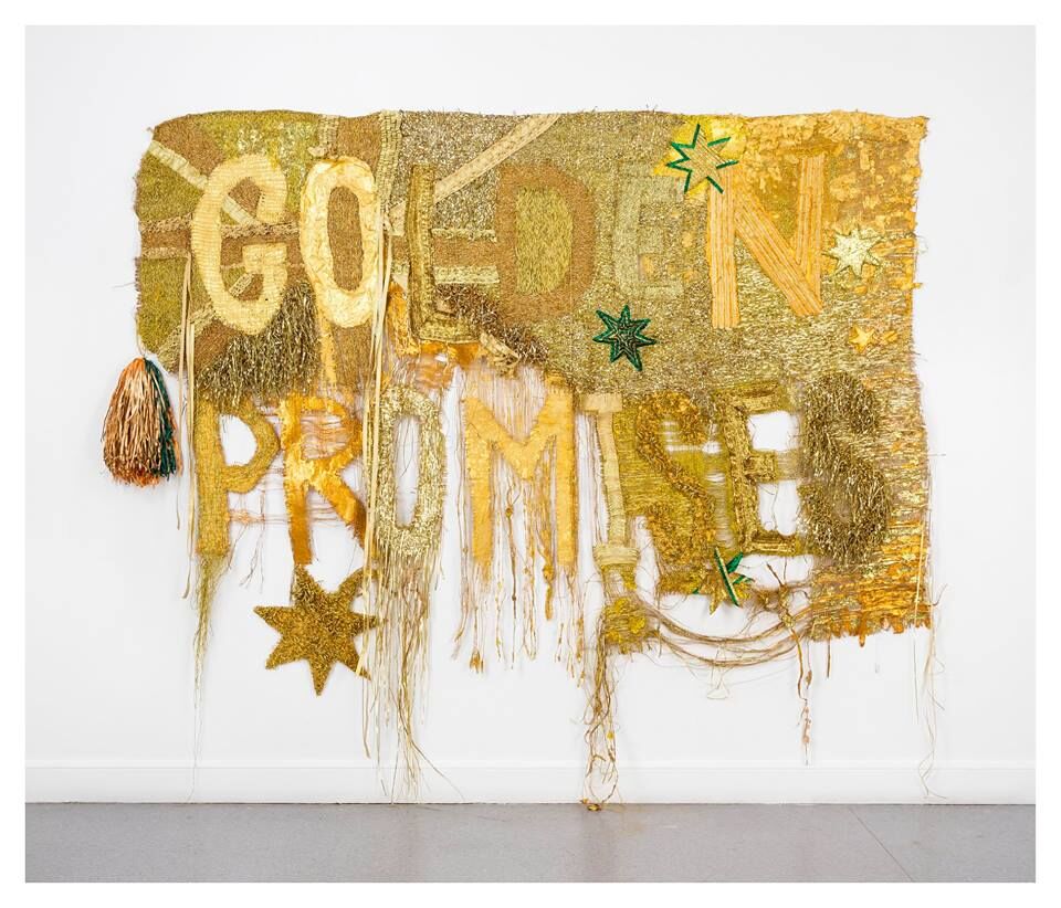 Raquel Ormella 'Wealth for toil #1' 2014. synthetic polymer paint, hessian, metallic thread and ribbon, 220 x 270 cm. Courtesy and © the artist, Milani Gallery, Brisbane and QUT, Brisbane
