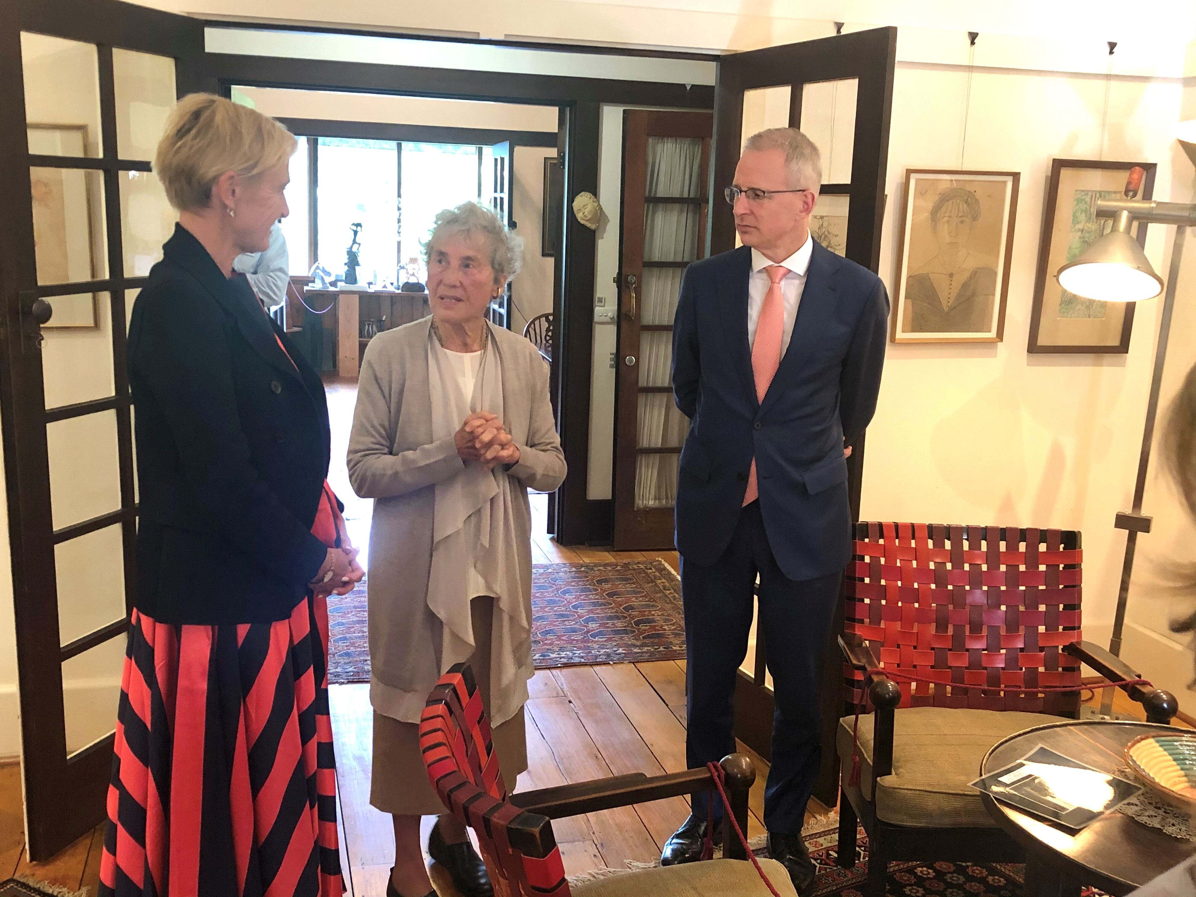 Katie Allen, Duldig Studio Founder, Eva de Jong-Duldig and The Hon. Mr Paul Fletcher MP with the two chairs in-situ at the Duldig Studio, March 2021. 