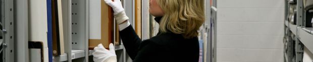 Emily Winslade (Gallery Coordinator) selecting works from the Cunningham Dax Collection, 2024