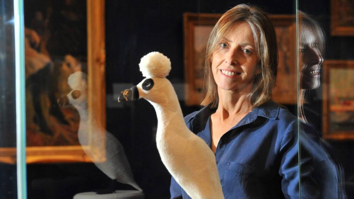 Bendigo Art Gallery director Karen Quinlan with Louise Weaver's Auk, 2010. Picture: NONI HYETT. Via Bendigo Advertiser