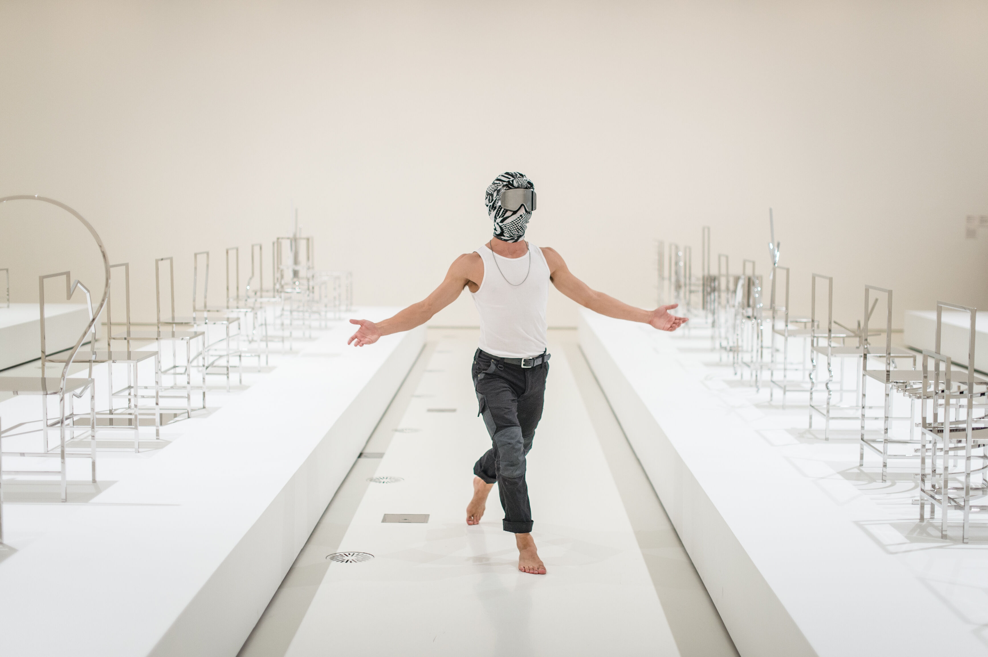 Chunky Move dancers performing inside Nendo’s Manga Chairs, 2015 who are performing at part of NGV Triennial EXTRA Photo: Eugene Hyland