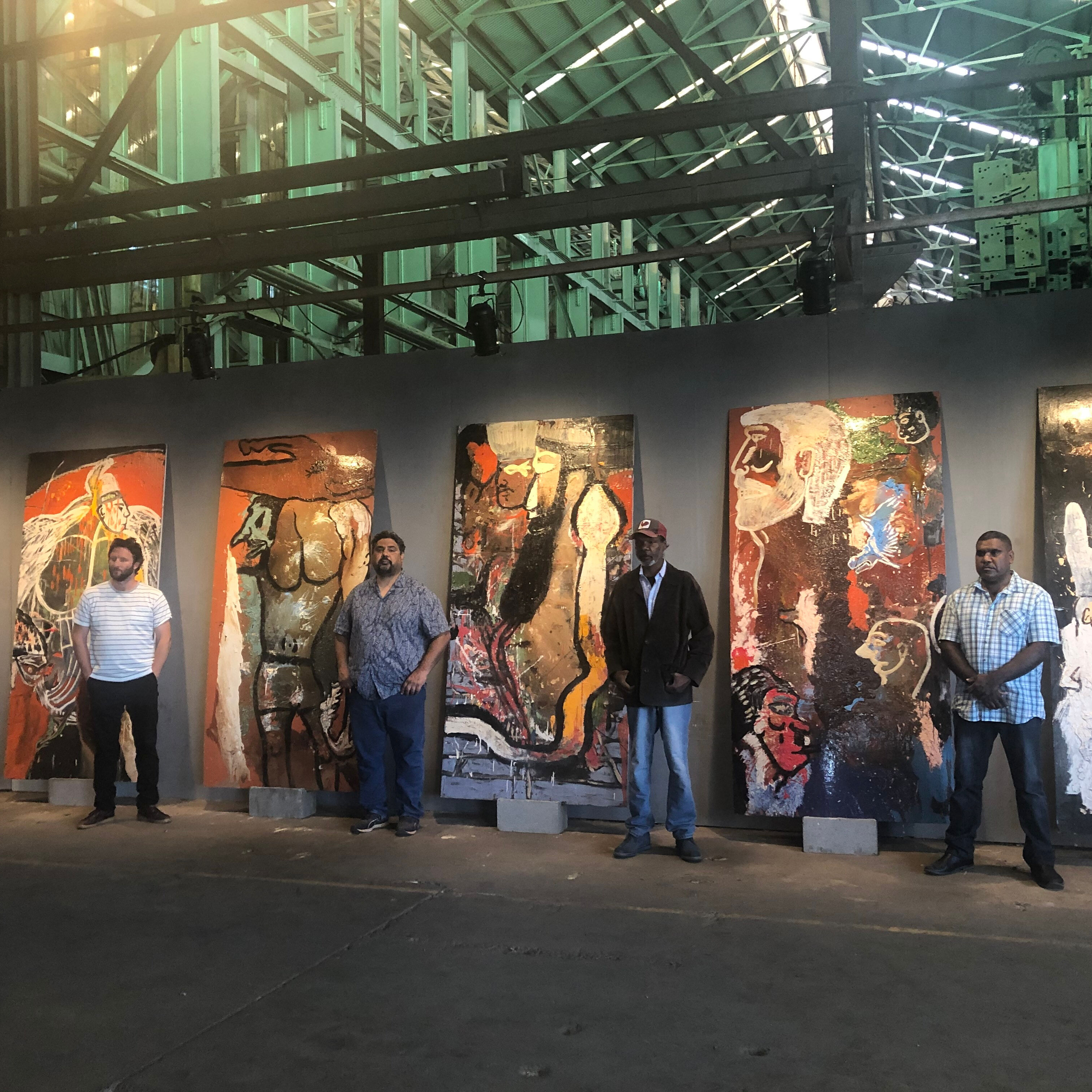 7. Tennant Creek Brio artists RB, JW, FB, JF with Ancestor boards 2020, NIRIN, 22nd Biennale of Sydney