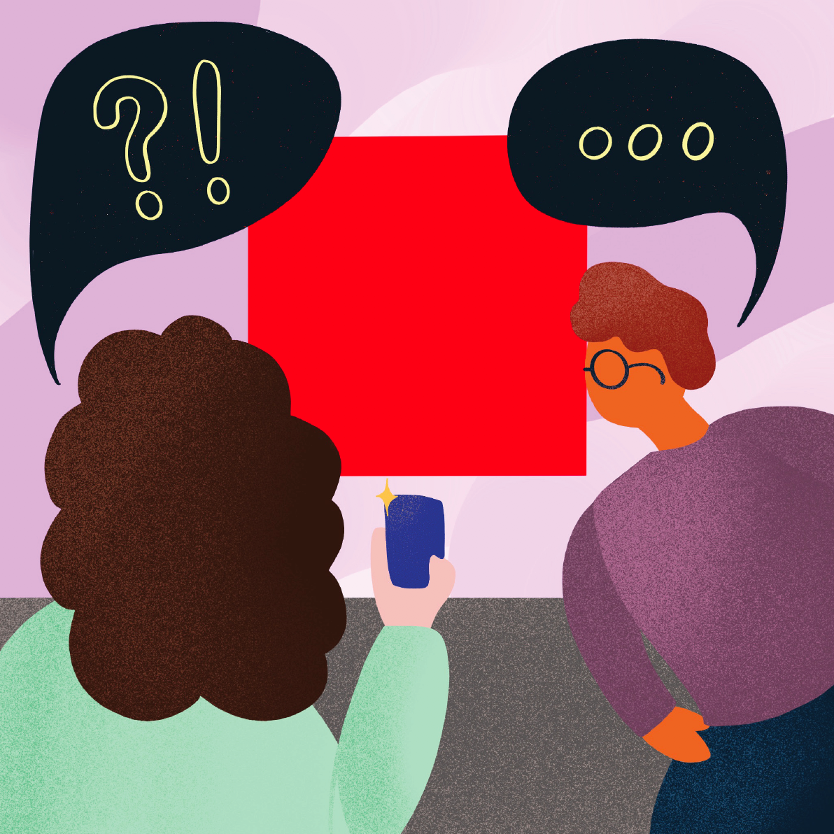 Image Credit: Vanessa Low
Image description: a colourful illustration of two people in foreground looking at an artwork in the background. One is taking a photo on their phone, while both have speech bubbles above their heads filled with question and exclamation marks